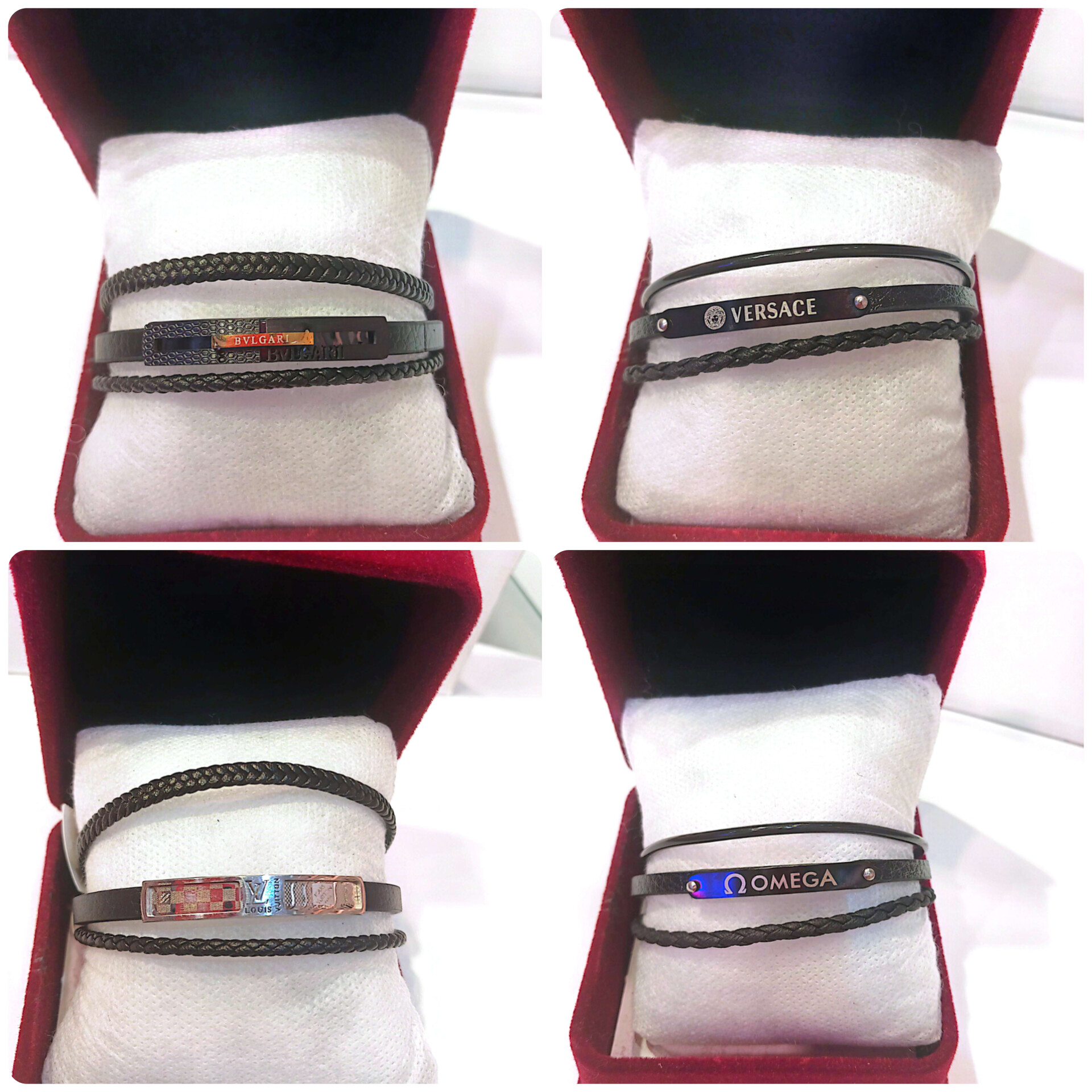 دستبندهای چرم سه لاین بسیار شیک و ترند باپلاک اُمگا و بولگاری و ورساچه