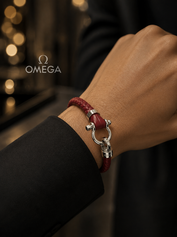 دستبند چرم اُمگا مستر کوالیتی اصلی قفل تمام استیل OMEGA