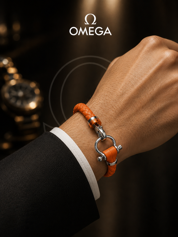 دستبند چرم اُمگا مستر کوالیتی اصلی قفل تمام استیل OMEGA